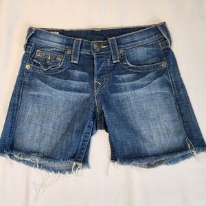 True Religion Denim Shorts Frayed Hem Distressed Pockets Blue Size 24